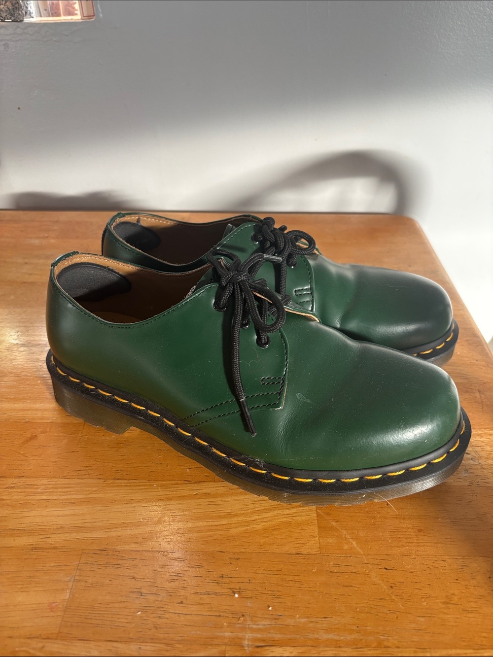 Dr. Martens Green Leather 3-Eye Derby with Yellow Stitching